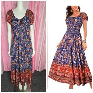 Ostoo Colorful Floral Bohemian Smocked Waist Cottagecore Maxi Dress Size XL
